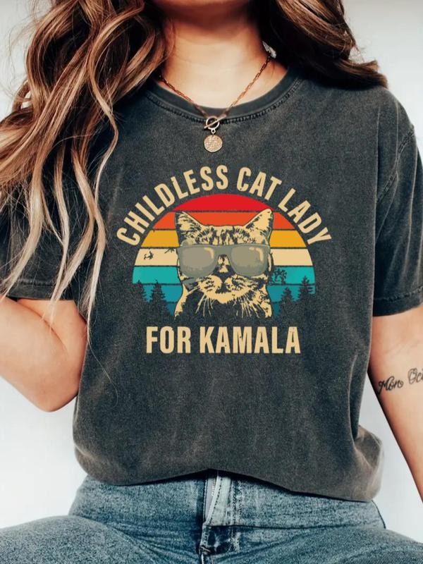Women's Cat & Rainbow Print Round Neck Tee, Fashion Casual Crew Neck T-Shirt for Daily Holiday Vacation Outdoor Wear,...