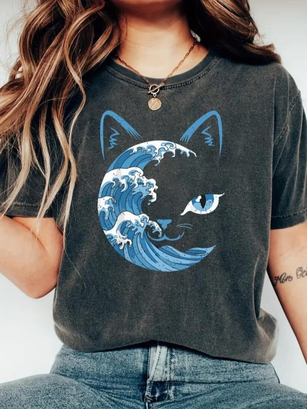 Women's Cat & Wave Print Round Neck Tee, Casual Graphic Short Sleeve T-shirt for Daily Wear, Ladies Clothes for All...