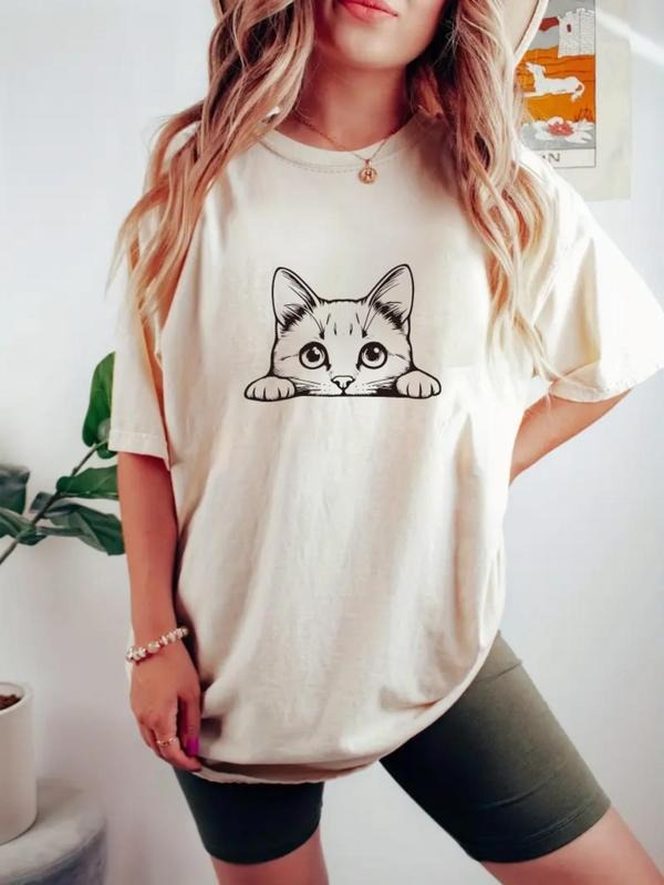 Women's Cat  Print Round Neck Tee, Casual Half  Sleeve Crew Neck T-shirt for Daily Wear, Ladies Clothes for All Seasons...