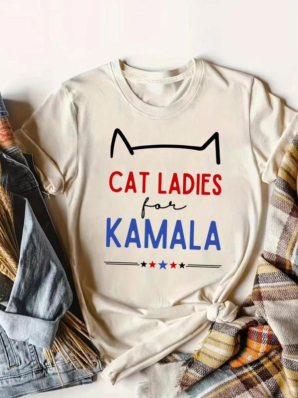 Women's Cat Lady for Kamala Letter Print Round Neck Graphic Tee, Casual Short Sleeve T-Shirt for Daily Wear, Ladies...