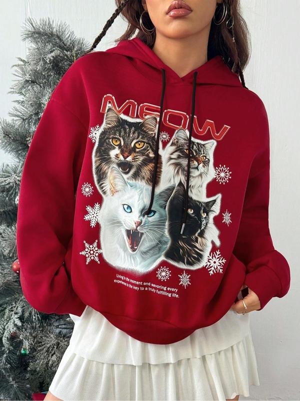 Women's Cat Print Crew Neck Sweatshirt, Casual Long Sleeve Pullover Hoodie for Daily Wear, Ladies Fall & Winter Clothes Shirt