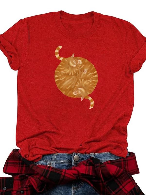Women's Cat Print Round Neck Tee, Casual Crew Neck T-shirt for Daily Wear, Ladies Clothes for All Seasons Hoodie Sweatshirt