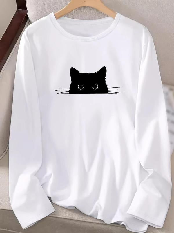 Women's Cat Print Round Neck Tee, Casual Long Sleeve Crew Neck T-shirt for Spring & Fall, Fashion Women's Top for Daily...