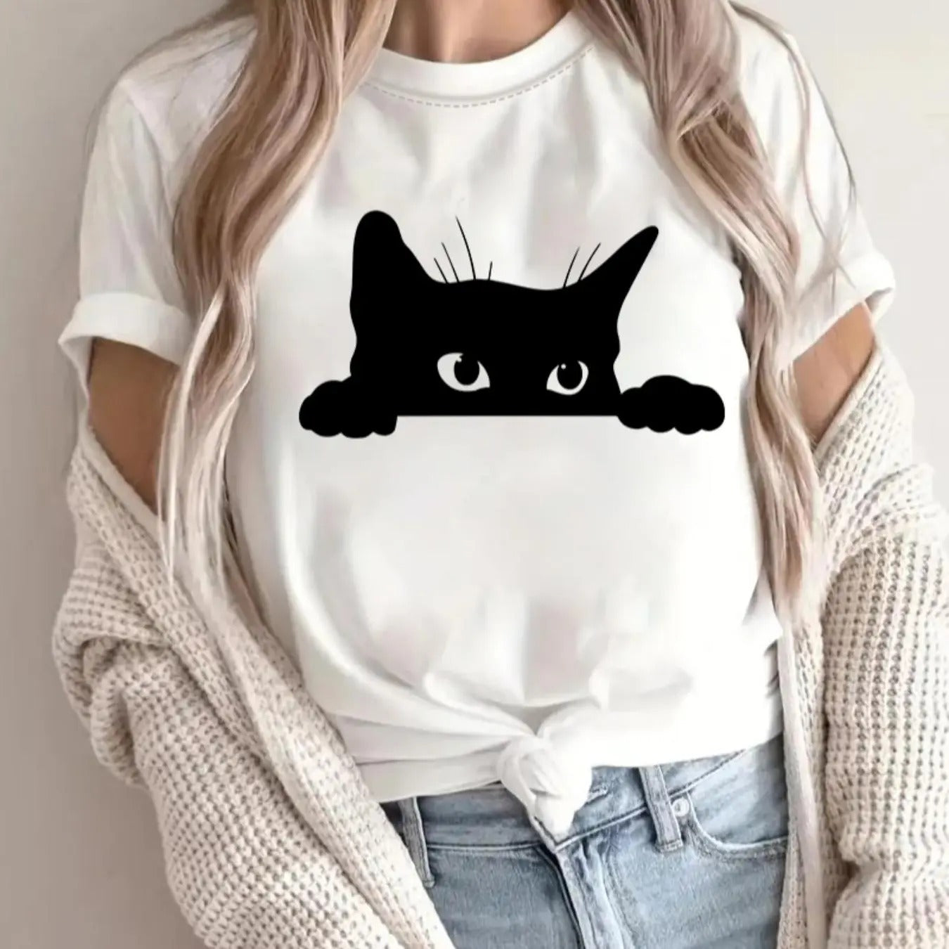 Women's Cat Print Round Neck Tee, Casual Short Sleeve Crew Neck T-Shirt for Summer, Fashion Women's Top for Daily Wear...
