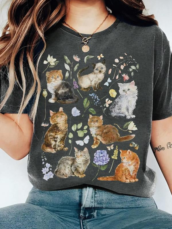 Women's Cat Print Round Neck Tee, Casual Short Sleeve Crew Neck T-shirt for All Seasons, Fashion Women's Top for Daily...