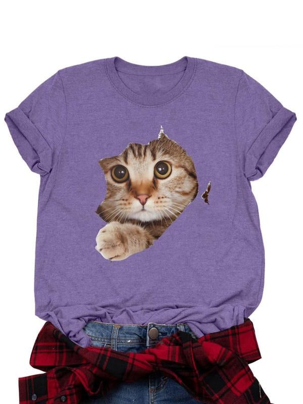 Women's Cat Print Round Neck Tee, Casual Short Sleeve Crew Neck T-shirt for Daily Wear, Ladies Clothes for All Seasons...