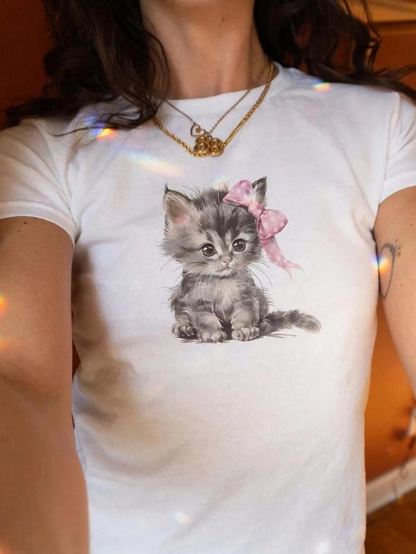 Women's Cat Print Round Neck Tee, Cute Graphic Short Sleeve T-Shirt for Daily Wear, Ladies Clothes for All Seasons Hoodie...