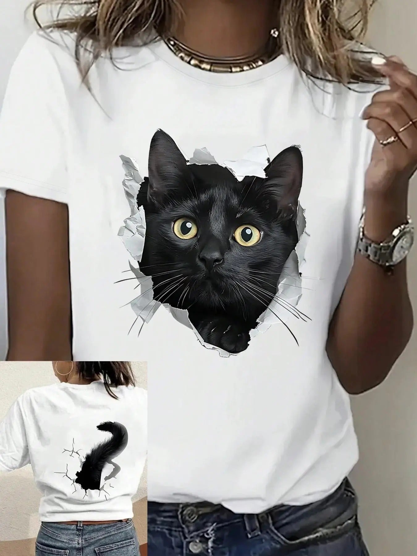 Cat Print Round Neck Casual Crew Neck Daily Vacation Outdoor Clothes All Seasons T-Shirts, Hoodie, Sweatshirt
