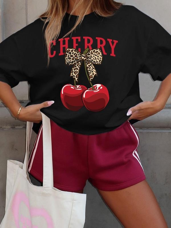 Women's Cherry & Bow Print Round Neck Graphic Tee, Vintage Trendy Casual Short Sleeve T-shirt for Daily Wear, Ladies...