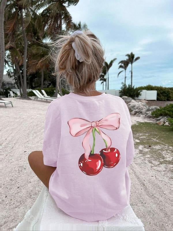 Cherry & Bow Print Round Neck Casual Short Sleeve Summer Clothes Daily Top T-Shirts, Hoodie, Sweatshirt