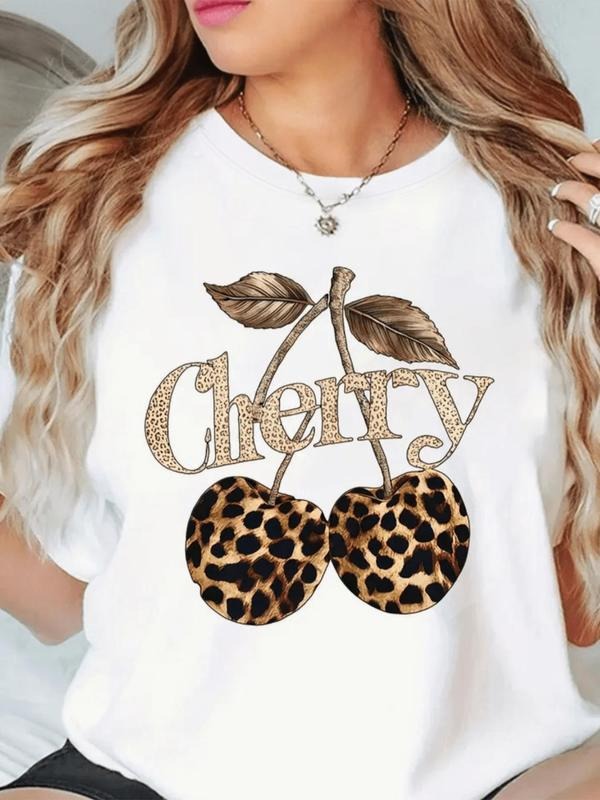 Women's Cherry & Leopard Print Round Neck Tee, Fashion Casual Crew Neck T-Shirt for Daily Holiday Vacation Outdoor Wear,...