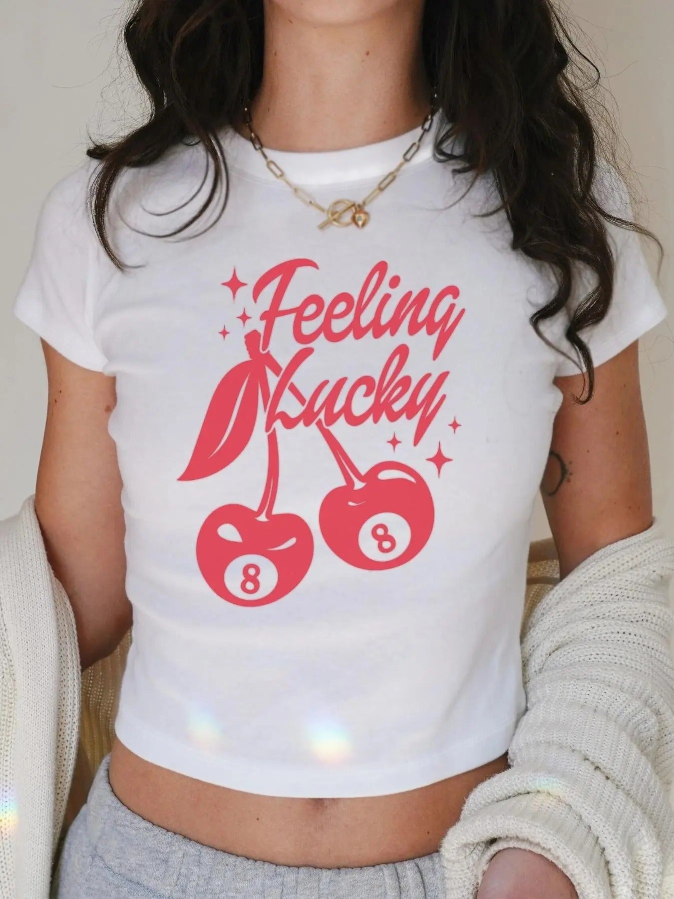 Cherry & Letter Print Crop Casual Short Sleeve Crew Neck Summer Top Daily T-Shirts, Hoodie, Sweatshirt