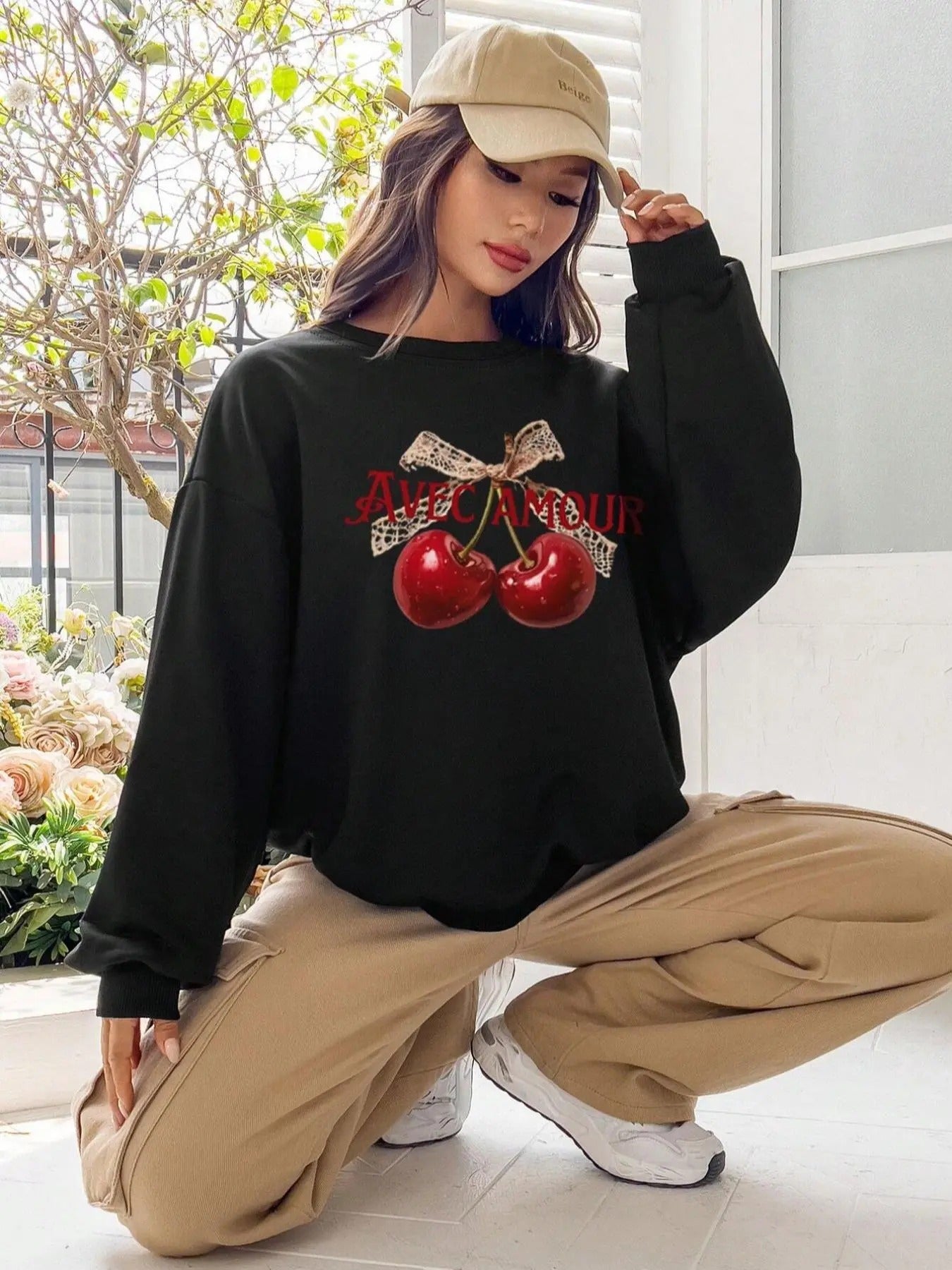 Women's Cherry & Letter Print Drop Shoulder Sweatshirt, Casual Long Sleeve Round Neck Pullover for Fall & Winter, Women's...