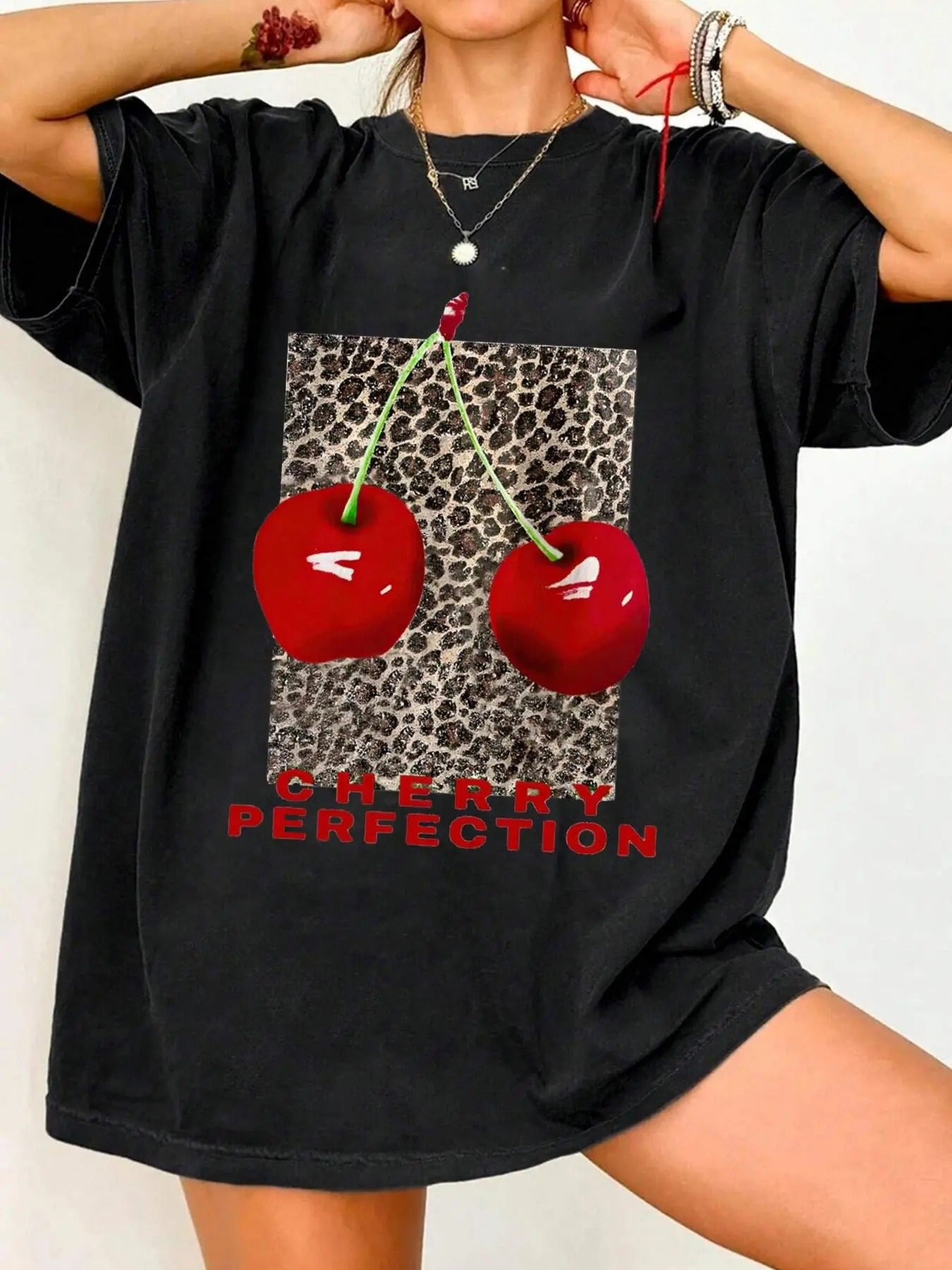 Women's Cherry & Letter Print Drop Shoulder Tee, Casual Half Sleeve Round Neck T-shirt for Daily Wear, Ladies Clothes for...