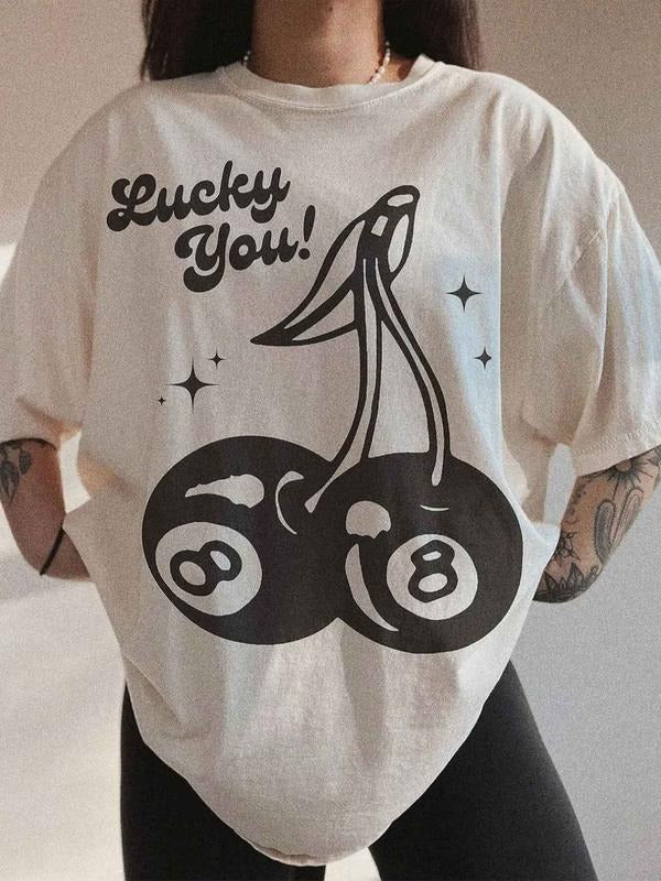 Cherry & Letter Print Drop Shoulder Casual Half Sleeve Round Neck Summer Top Daily T-Shirts, Hoodie, Sweatshirt