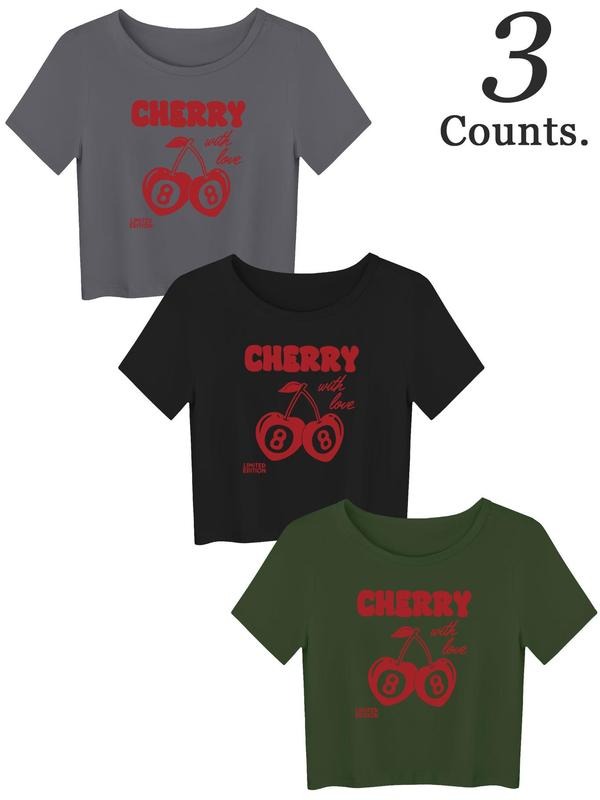 Women's Cherry & Letter Print Round Neck Crop Tee, Casual Short Sleeve Crew Neck T-shirt for Daily Wear, Ladies Clothes...