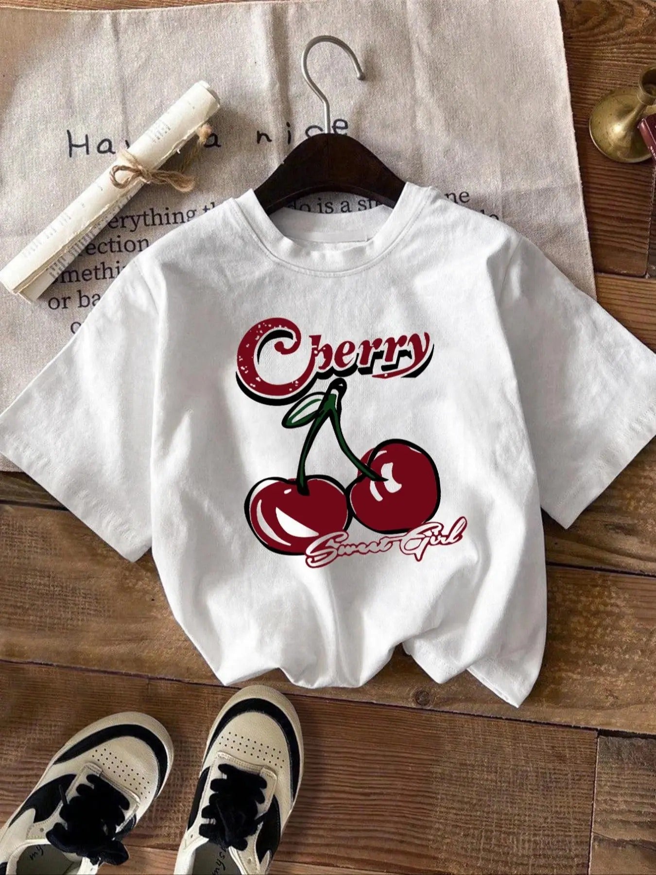 Women's Cherry & Letter Print Round Neck Tee, Casual Short Sleeve Crew Neck T-Shirt for Daily Wear, Ladies Clothes for...