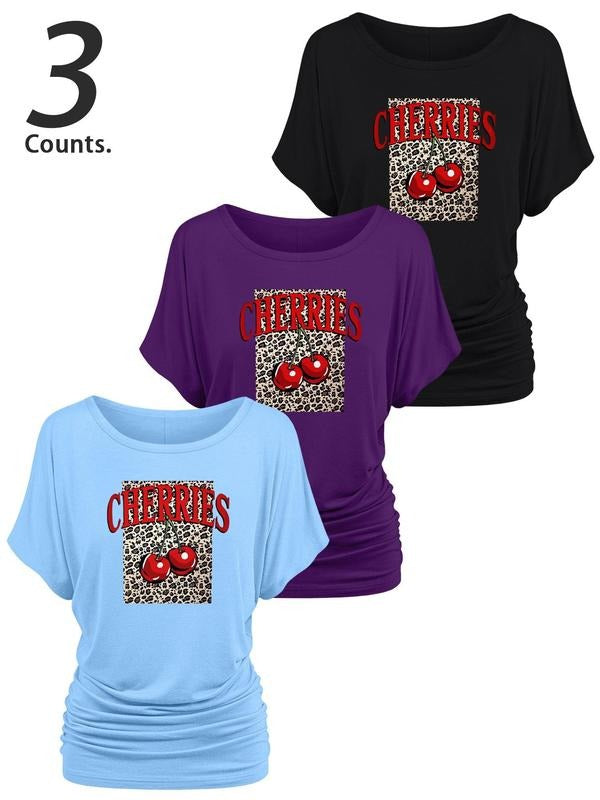 Women's Cherry & Letter Print Round Neck Tee, Casual Short Sleeve T-shirt for Daily Wear, Ladies Clothes for All Seasons,...