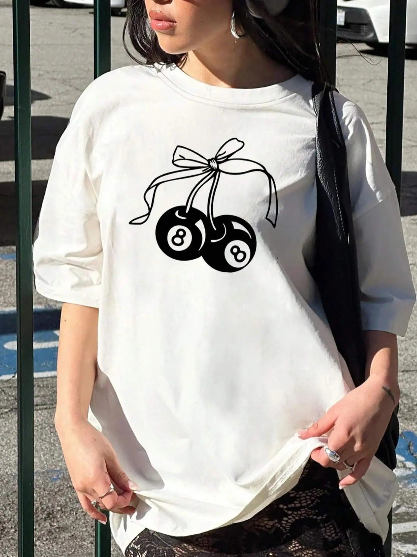 Cherry & Number & Bow Print Round Neck Casual Drop Shoulder Short Sleeve Summer Clothes Daily T-Shirts, Hoodie, Sweatshirt