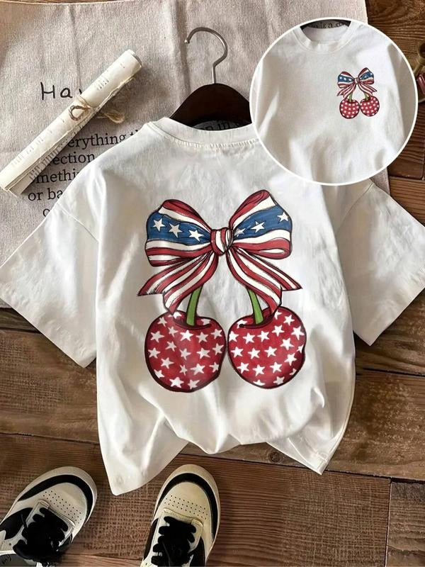 Women's Cherry & Star Print Round Neck Tee, Casual Short Sleeve Crew Neck T-shirt for Summer, Fashion Women's Top for...