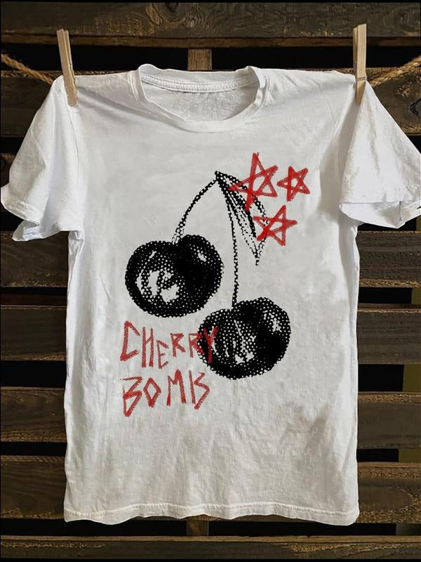 Cherry & Star Print Round Neck Casual Short Sleeve Daily Summer Clothes Top T-Shirts, Hoodie, Sweatshirt