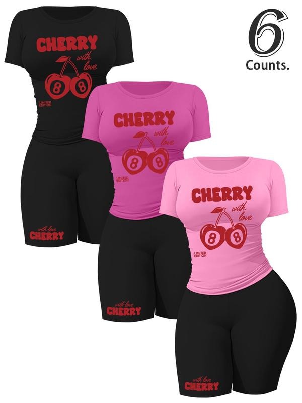 Women's Cherry Print Crop Tee & Shorts Set, Casual Short Sleeve T-shirt & Skinny Shorts, Ladies Summer Clothes,...