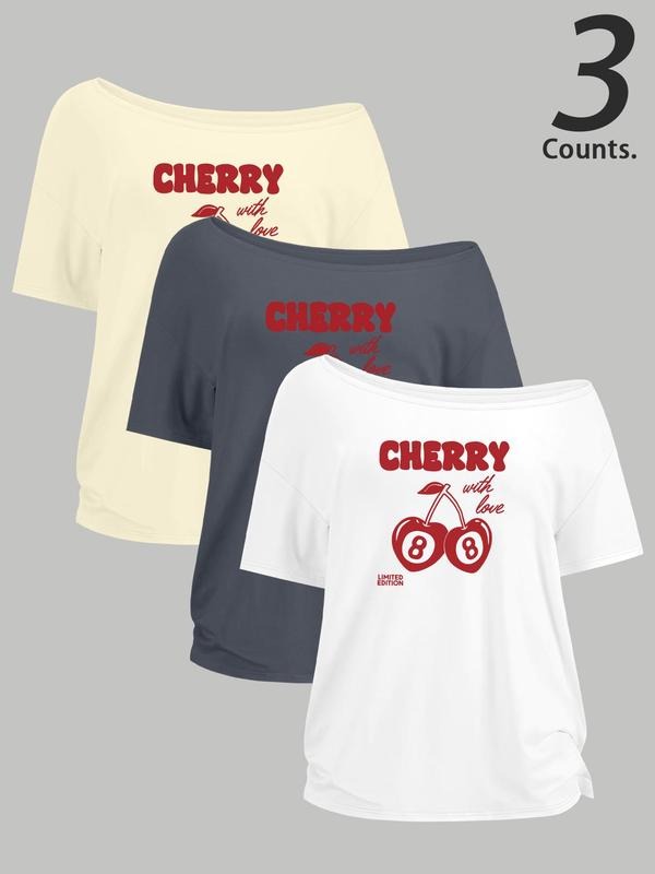 Women's Cherry Print One Shoulder Tee, Casual Fashion T-shirt for Daily Wear, Ladies Clothes for All Seasons, Top Hoodie...