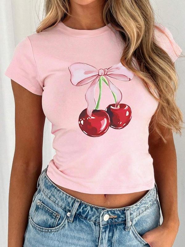 Women's Cherry Print Round Neck Crop Tee, Fashion Casual Crew Neck T-shirt for Daily Holiday Vacation Outdoor Wear,...
