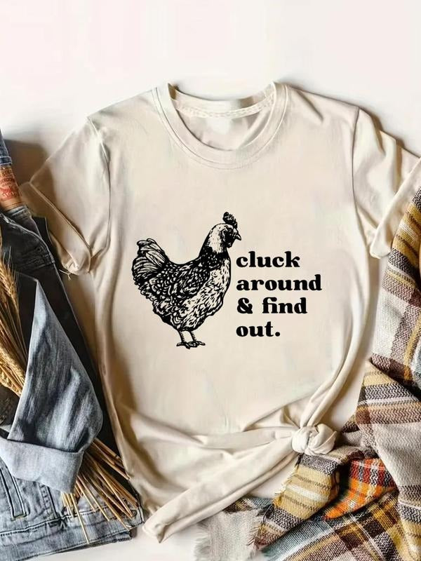 Women's Chicken & Letter Print Round Neck Tee, Casual Funny Graphic Short Sleeve T-Shirt for Daily Wear, Ladies Clothes...