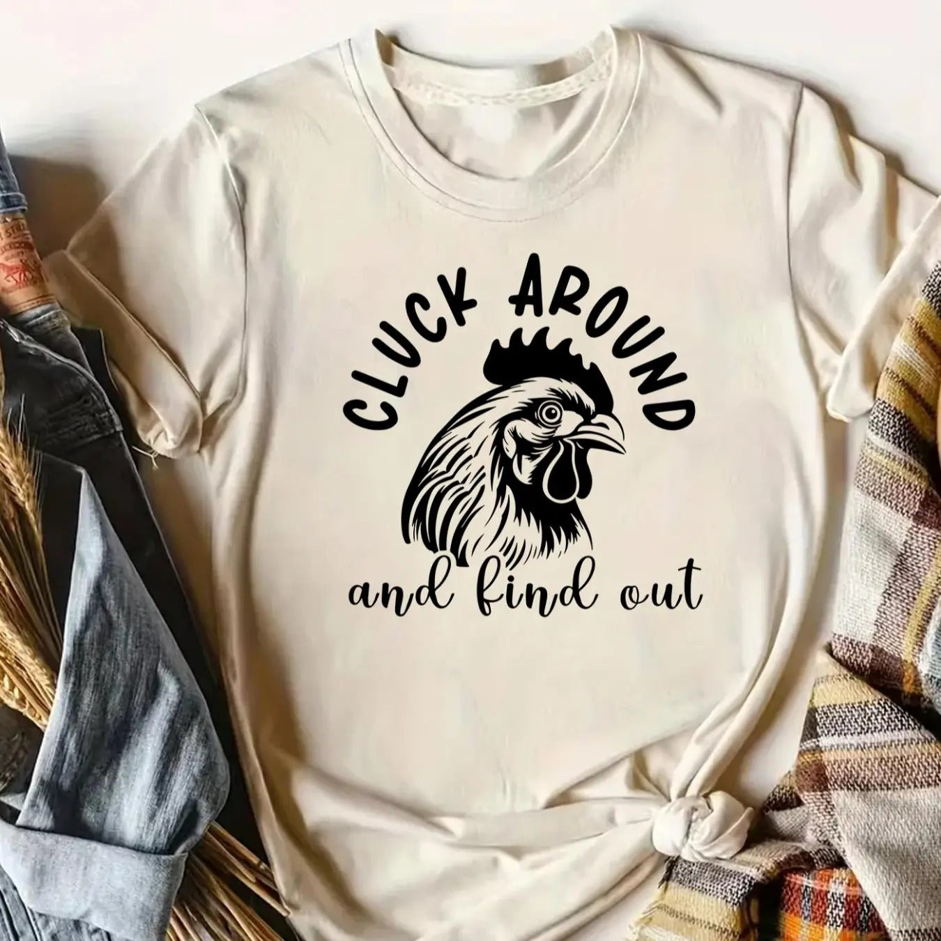 Women's Chicken & Letter Print Round Neck Tee, Casual Funny Graphic Short Sleeve T-Shirt for Summer, Women's Top for...