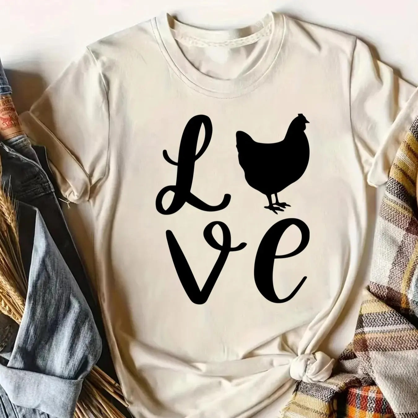 Women's Chicken & Letter Print Round Neck Tee, Casual Funny Graphic Short Sleeve T-Shirt for Summer, Women's Top for...