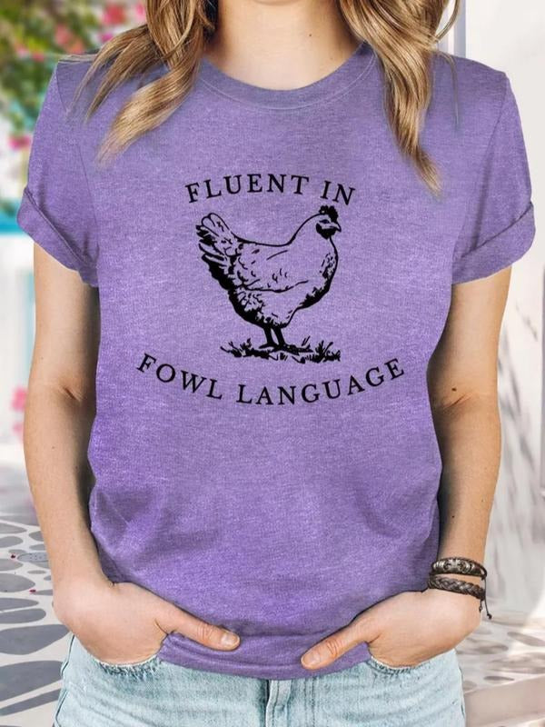 Women's Chicken & Letter Print Round Neck Tee, Vintage Trendy Casual Short Sleeve T-shirt for Daily Wear, Ladies All...