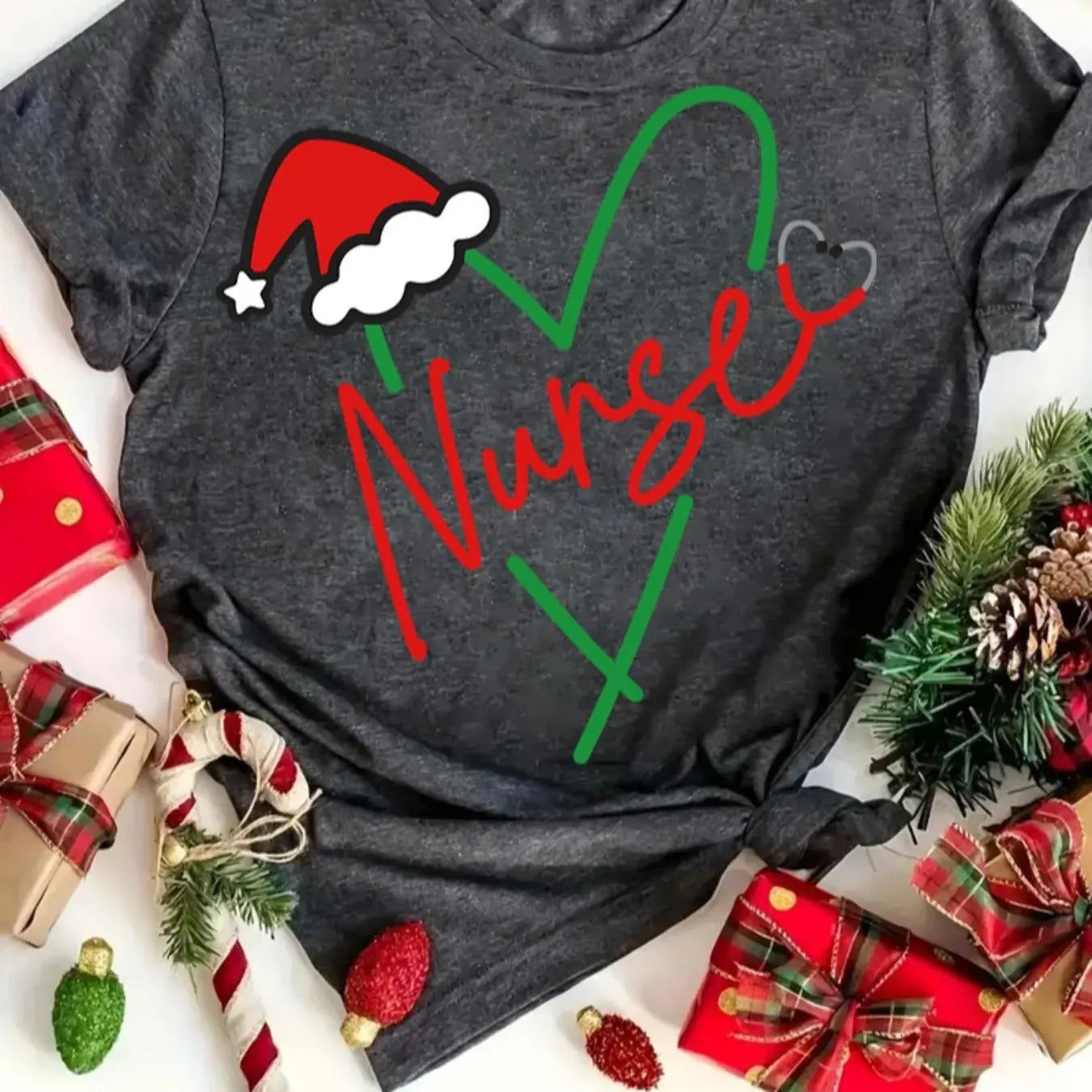 Women's Christmas Cartoon & Letter Print Round Neck Tee, Casual Short Sleeve Crew Neck T-shirt for Holiday Vacation,...