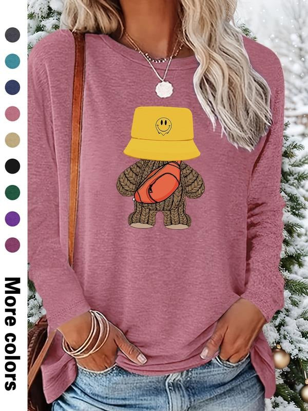 Women's Christmas Cartoon Bear Print Long Sleeve Fitted Casual T-Shirt, Comfortable Fabric, Available in 9 Colors, All...