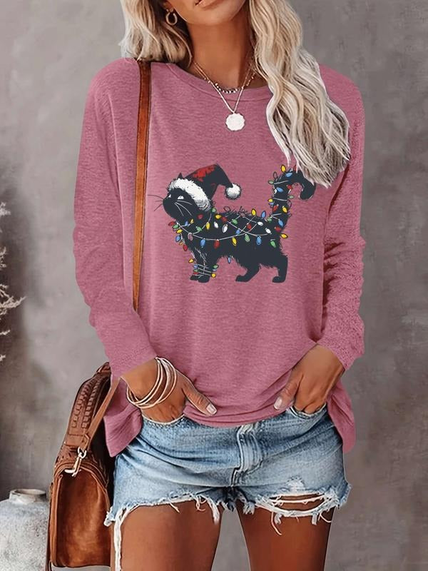 Women's Christmas Cartoon Cat Print Long Sleeve Casual Fitted T-Shirt, Comfortable Fabric, Available in 8 Colors, All...