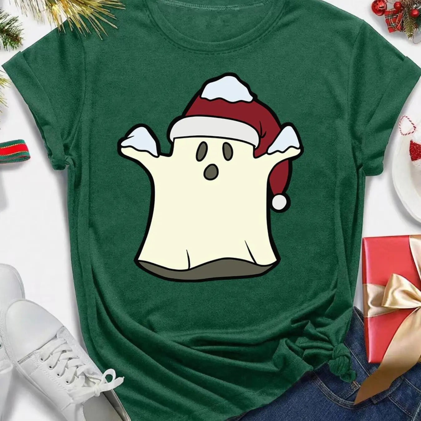 Women's Christmas Cartoon Ghost Print Round Neck Tee, Casual Short Sleeve T-shirt for Summer, Women's Top for Daily Wear...