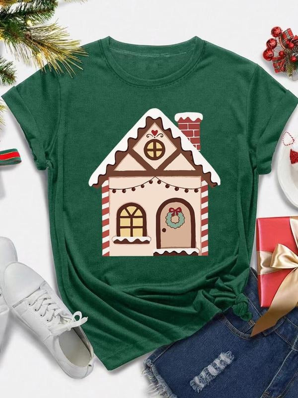 Women's Christmas Cartoon House Print Round Neck Tee, Casual Short Sleeve T-shirt for Summer, Women's Top for Daily Wear...