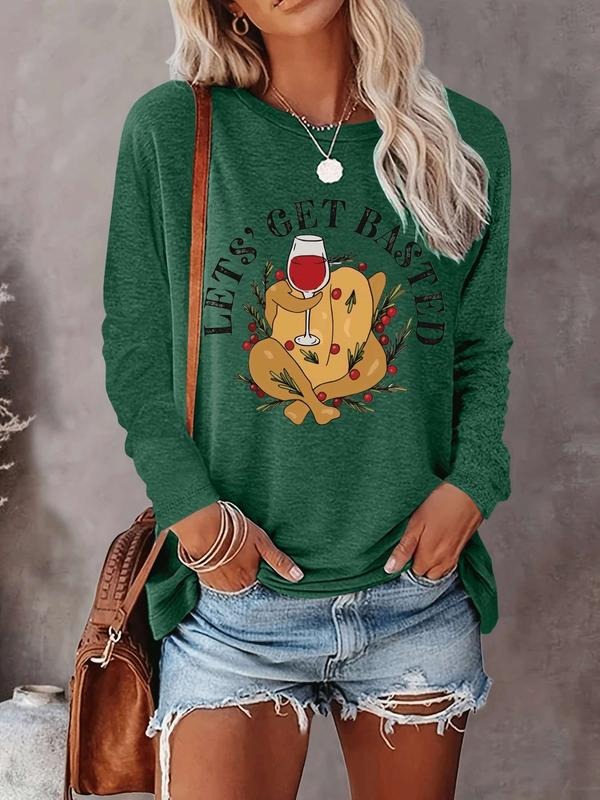 Women's Christmas Cartoon Letter Print Long Sleeve Casual Fitted T-Shirt, Comfortable Fabric, 9 Colors Available, All...