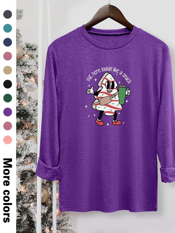Women's Christmas Cartoon Letter Print Long Sleeve Round Neck Casual Fitted T-Shirt, Comfortable Fabric, 10 Colors...