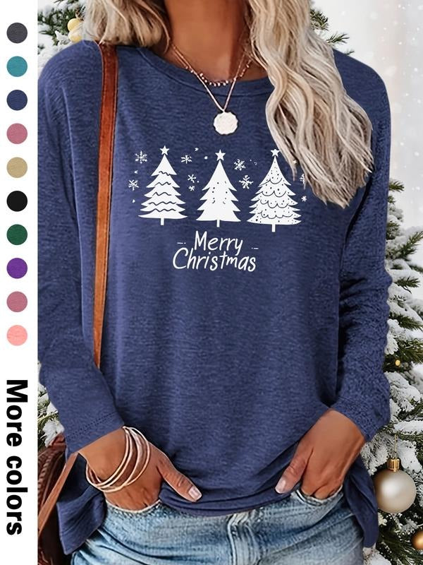 Women's Christmas Cartoon Print Long Sleeve Fitted Casual T-Shirt, Comfortable Fabric, Available in 9 Colors, All Seasons...