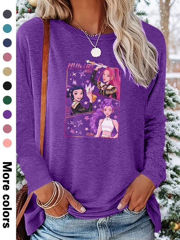 Women's Christmas Cartoon Print Long Sleeve Fitted Casual T-Shirt, Comfortable Fabric, Available in 9 Colors, All Seasons...