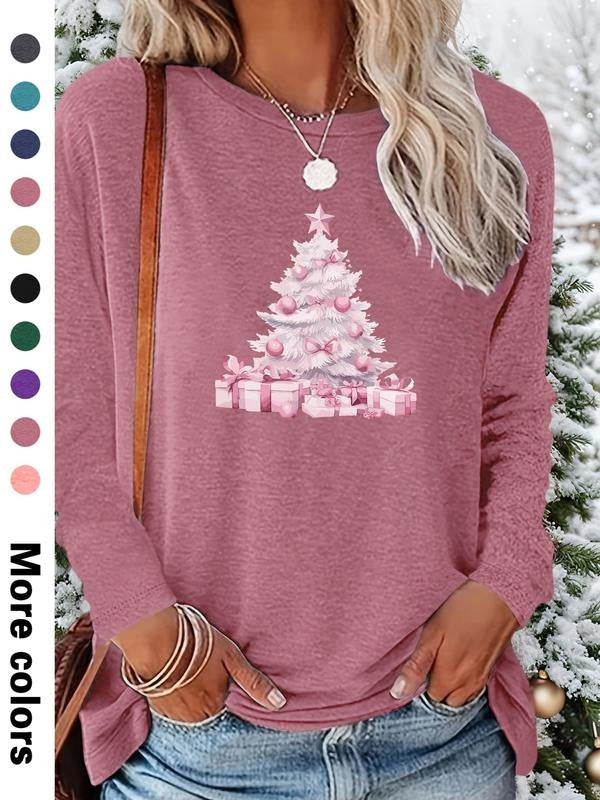 Women's Christmas Cartoon Print Long Sleeve Fitted Casual T-Shirt, Comfortable Fabric, Available in 9 Colors, All Seasons...