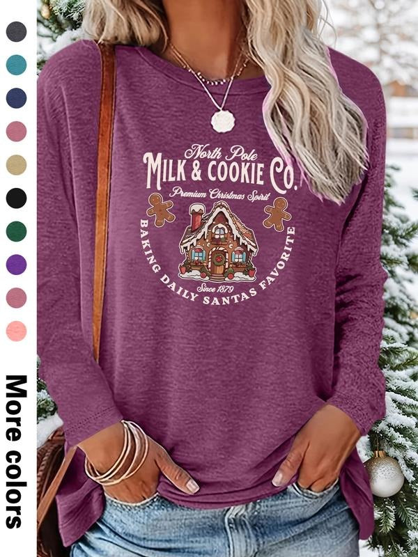 Women's Christmas Cartoon Print Long Sleeve Fitted Casual T-Shirt, Comfortable Fabric, Available in 9 Colors, All Seasons...