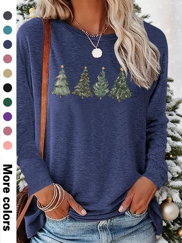 Women's Christmas Cartoon Print Long Sleeve Fitted Casual T-Shirt, Comfortable Fabric, Available in 9 Colors, All Seasons...