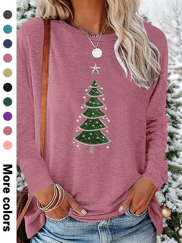 Women's Christmas Cartoon Print Long Sleeve Fitted Casual T-Shirt, Comfortable Fabric, Available in 9 Colors, All Seasons...