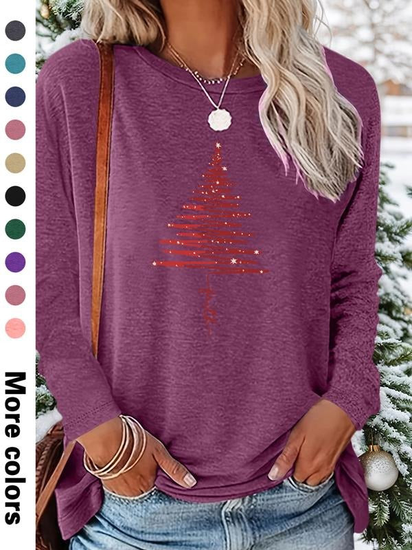 Women's Christmas Cartoon Print Long Sleeve Fitted Casual T-Shirt, Comfortable Fabric, Available in 9 Colors, All Seasons...
