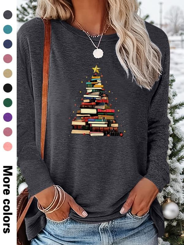Women's Christmas Cartoon Print Long Sleeve Fitted Casual T-Shirt, Comfortable Fabric, Available in 9 Colors, All Seasons...