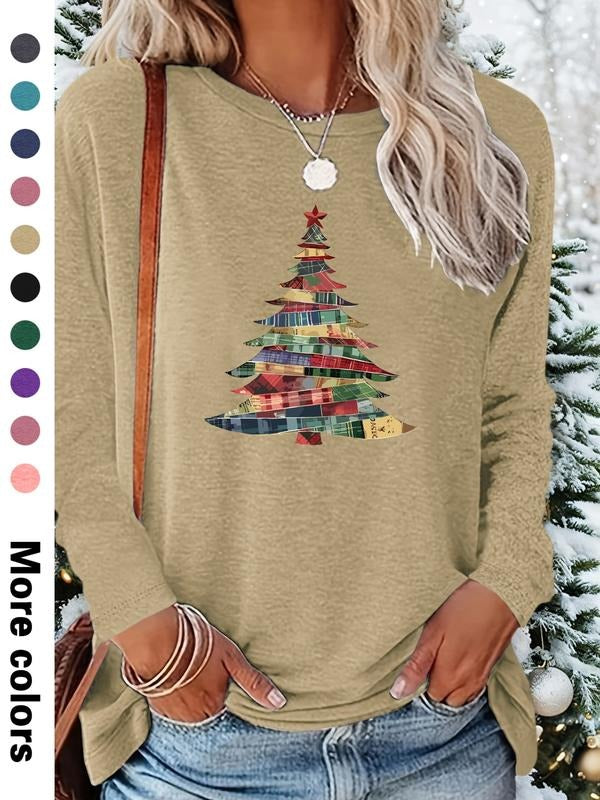Women's Christmas Cartoon Print Long Sleeve Fitted Casual T-Shirt, Comfortable Fabric, Available in 9 Colors, All Seasons...
