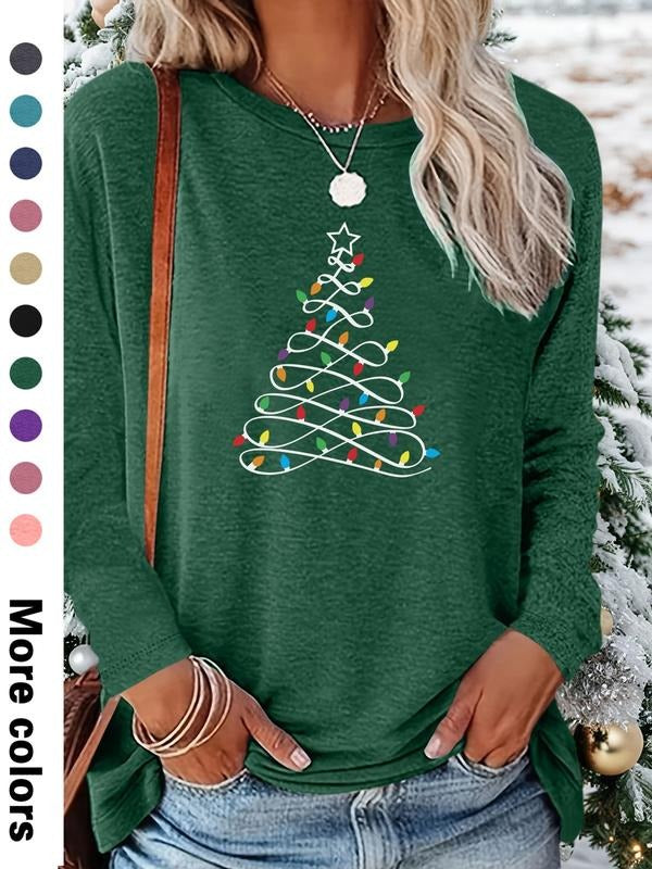 Women's Christmas Cartoon Print Long Sleeve Fitted Casual T-Shirt, Comfortable Fabric, Available in 9 Colors, All Seasons...