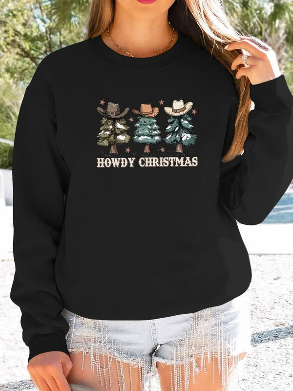 Women's Christmas Cartoon Print Long Sleeve Round Neck Pullover Sweatshirt, Casual Fitted Top for Home & Sports, 7 Colors...